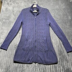 Eddie Bauer Full Zip Cardigan Sweater L Purple Long Rib Knit Dress Nylon Blend